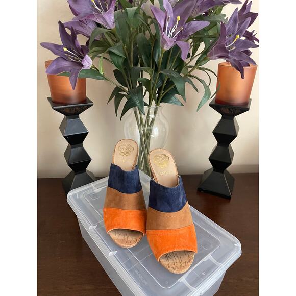 VINCE CAMUTO Color-Block Suede Cork-Heel Mules – Size 7 - Picture 5 of 7